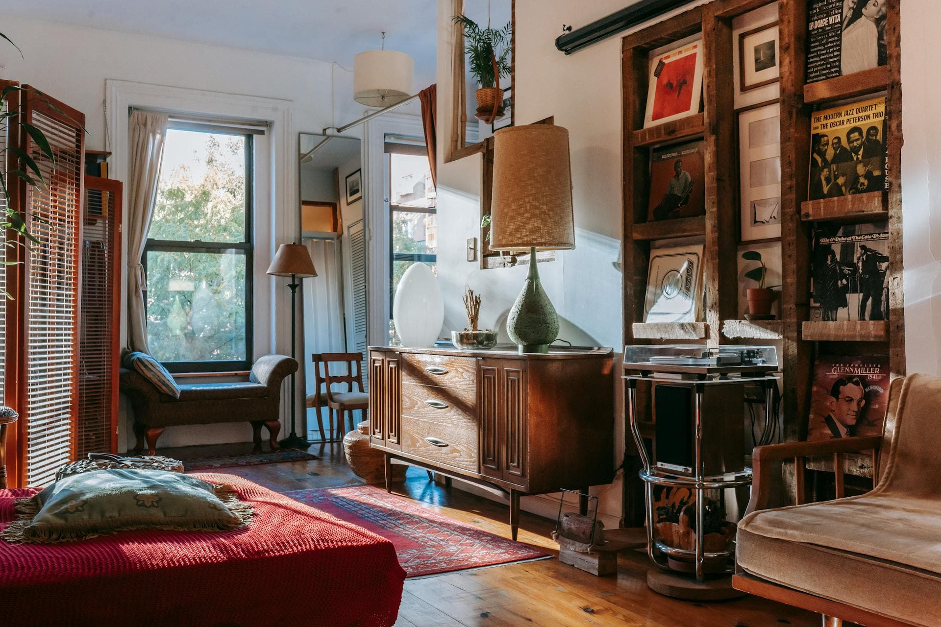 Vintage living room with vinyl records and warm afternoon light